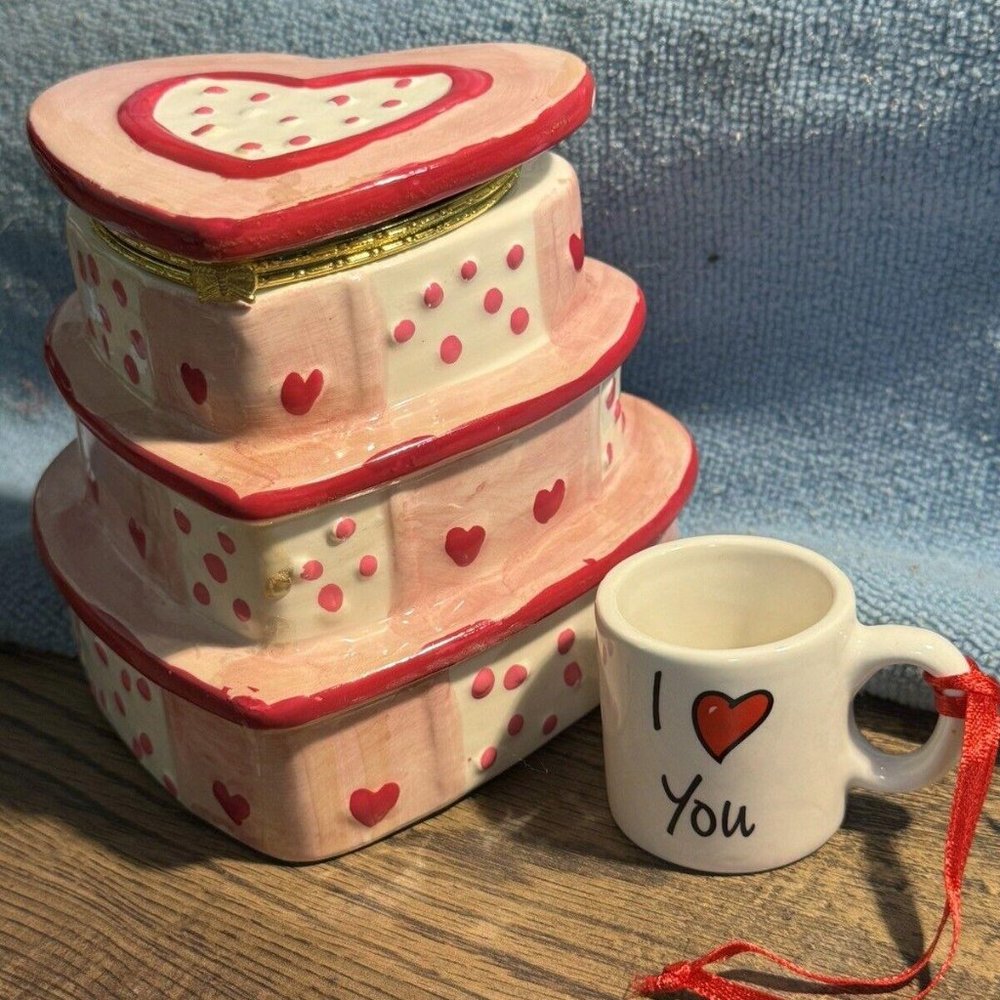 3 Tier Heart Trinket Box & Mini Mug Ornament